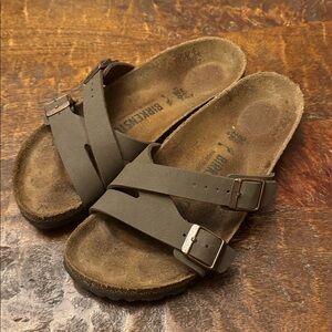 Birkenstock Brown Cross-Strap Slide Sandals